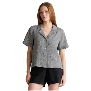 Quince Womens Size M Gingham Linen Top Black White Check Relaxed Fit Summer